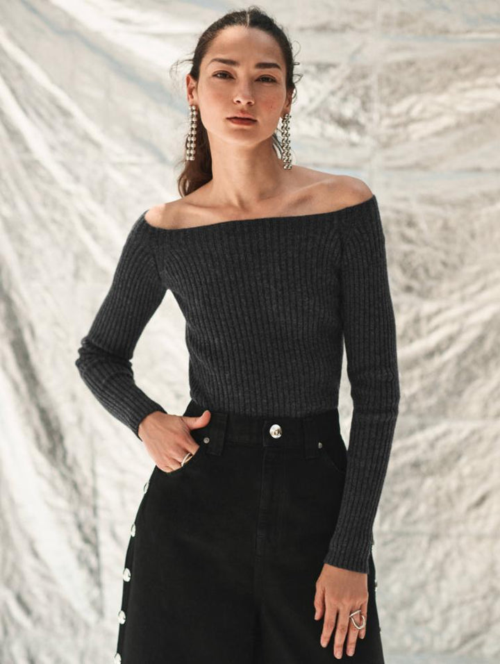White & Warren - Cashmere Ribbed off Shoulder Top-Black Clothing - Sweaters