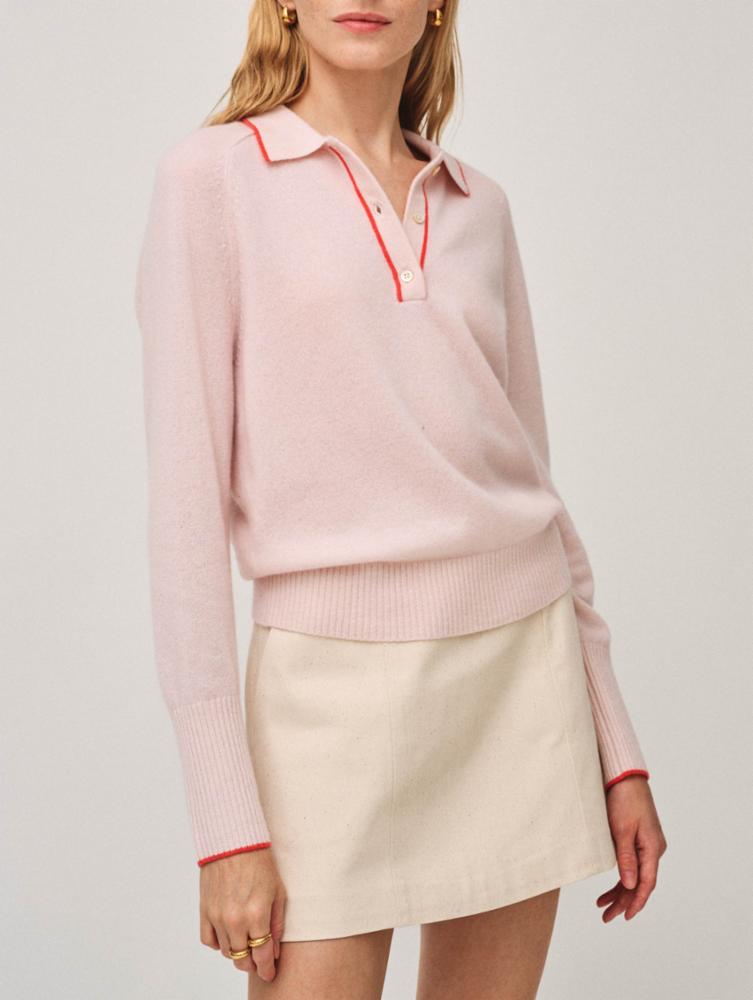 White + Warren - Cashmere Rib Trim Polo in Pink Sand/Rugby Red