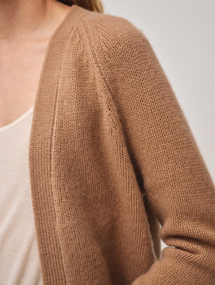 White + Warren - Cashmere Featherweight Open Cardi in True Camel