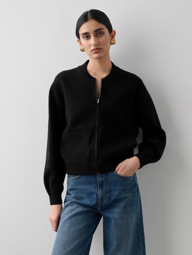 White + Warren - Superfine Organic Cotton Track Jacket in Black