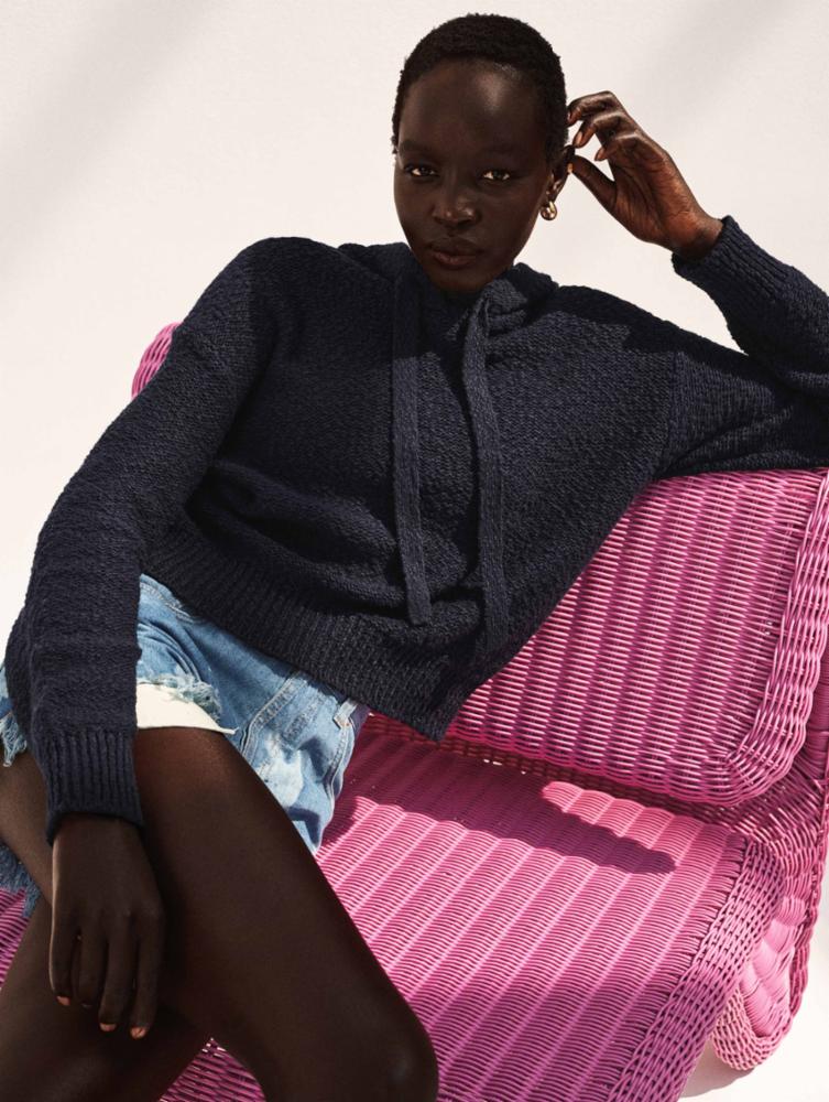 White + Warren - Cotton Slub Beachy Hoodie in Navy