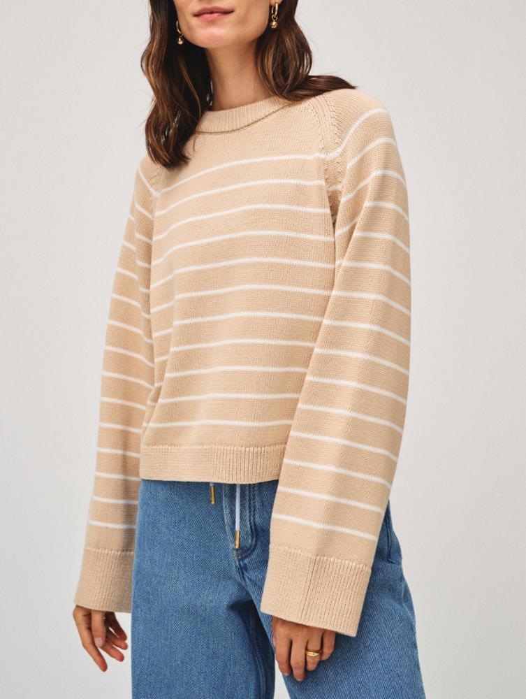 White + Warren - Organic Cotton Striped Raglan Crewneck in Sail Cloth White