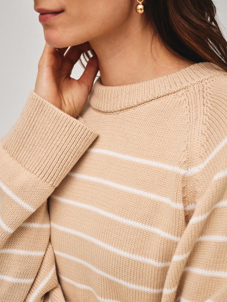 White + Warren - Organic Cotton Striped Raglan Crewneck in Sail Cloth White