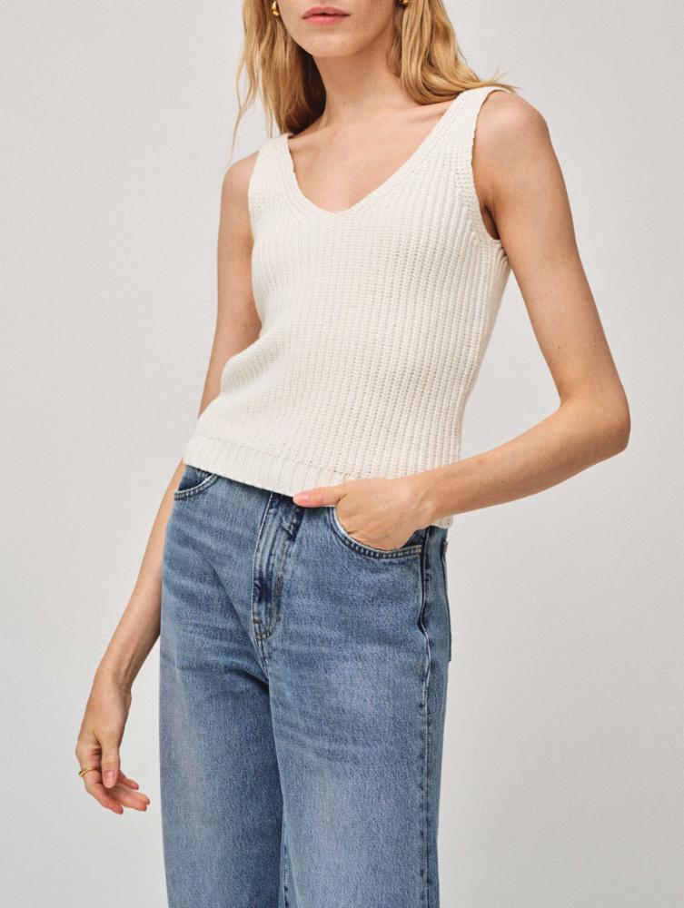 White + Warren - Cotton Linen Ribbed Tank Top in White