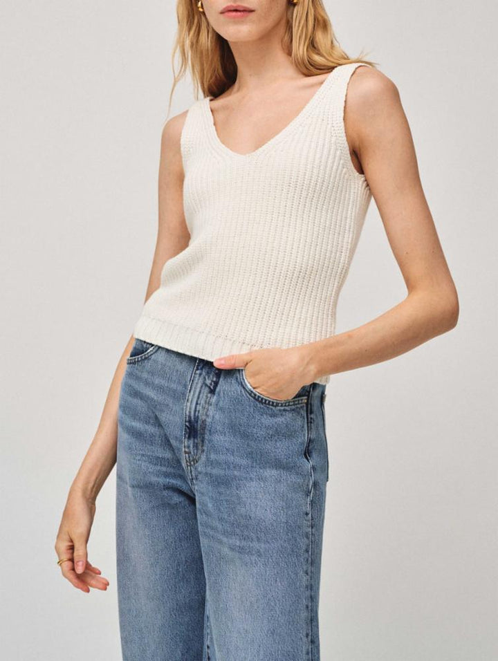 White + Warren - Cotton Linen Ribbed Tank Top in White