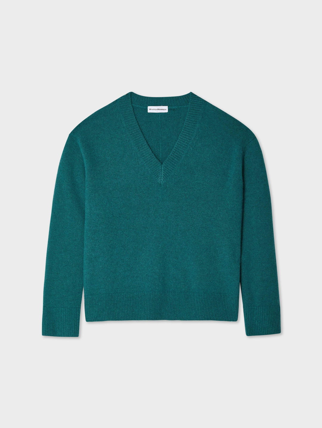 WHITE & WARREN - Cashmere Rib Trim V-Neck in Jade Heather