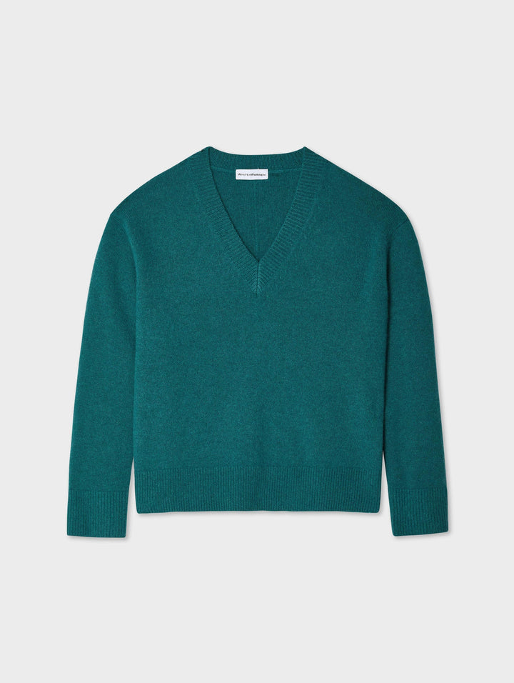 WHITE & WARREN - Cashmere Rib Trim V-Neck in Jade Heather