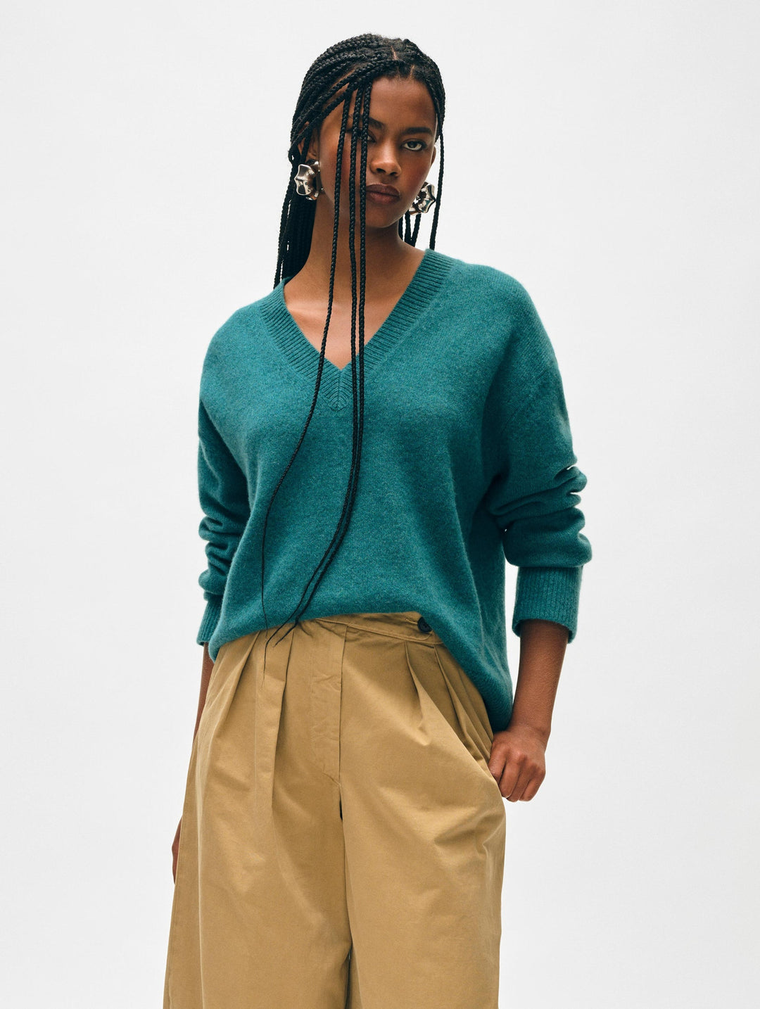 WHITE & WARREN - Cashmere Rib Trim V-Neck in Jade Heather