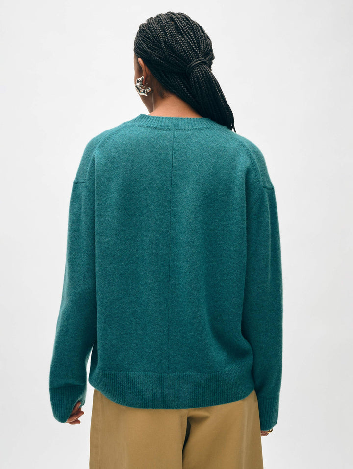 WHITE & WARREN - Cashmere Rib Trim V-Neck in Jade Heather