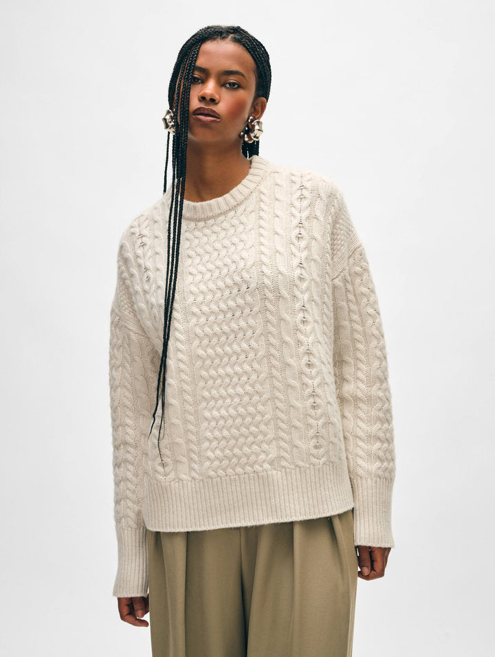 White + Warren - Merino Cashmere Cable Crewneck in Ivory