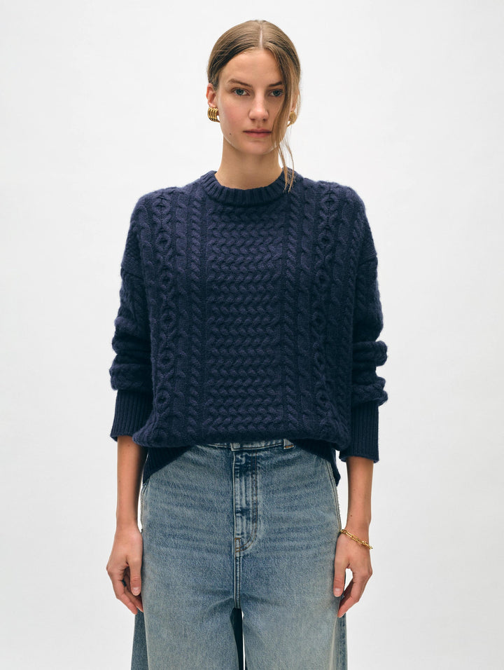 White + Warren - Merino Cashmere Cable Crewneck in Navy