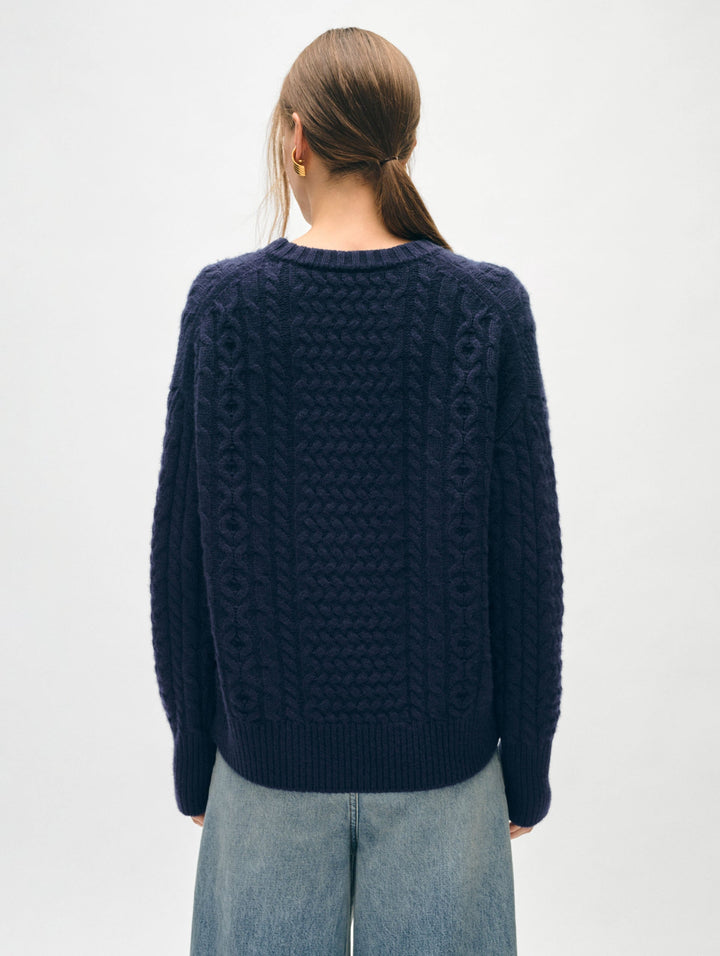 White + Warren - Merino Cashmere Cable Crewneck in Navy