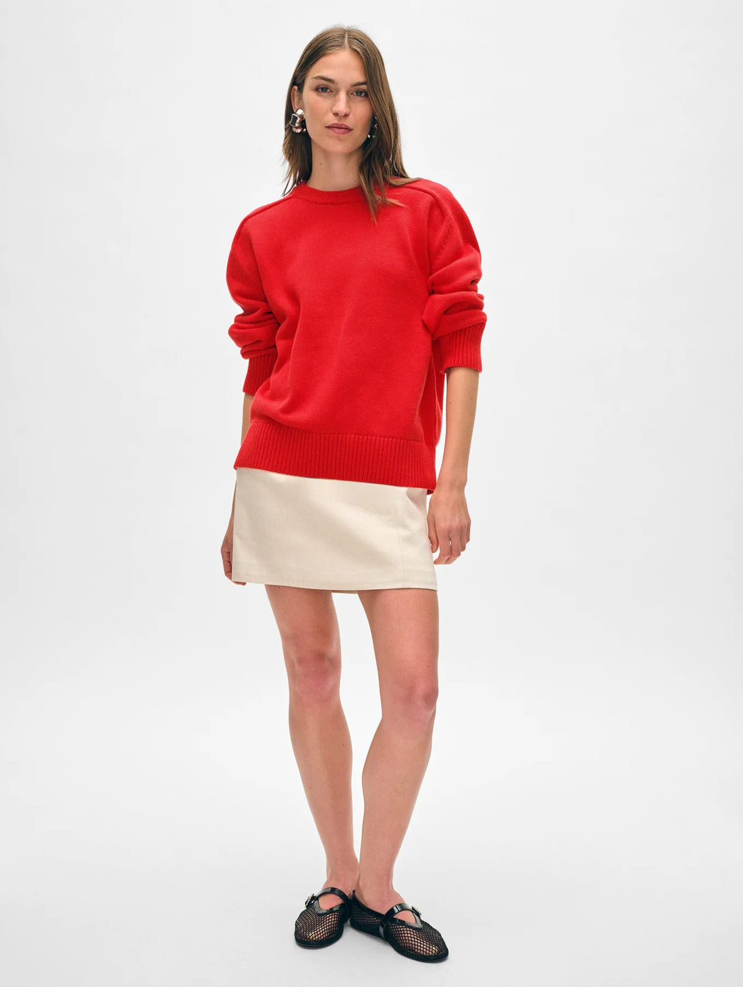 White + Warren - Organic Cotton Saddle Sleeve Crewneck in Cherry