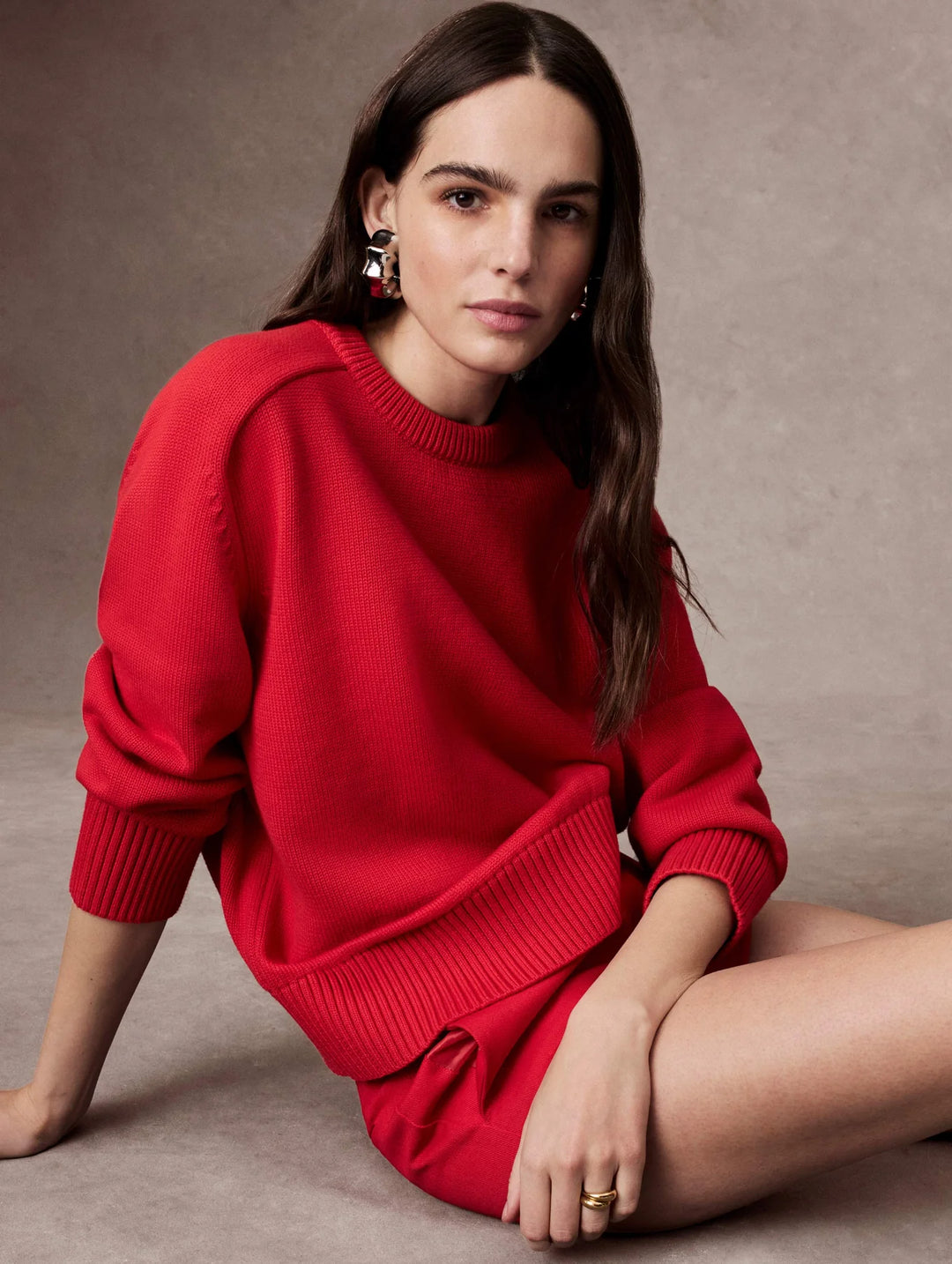 White + Warren - Organic Cotton Saddle Sleeve Crewneck in Cherry