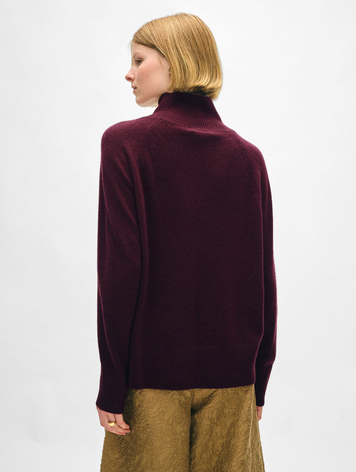 White + Warren - Cashmere Rib Trim Standneck Sweater in Sangria