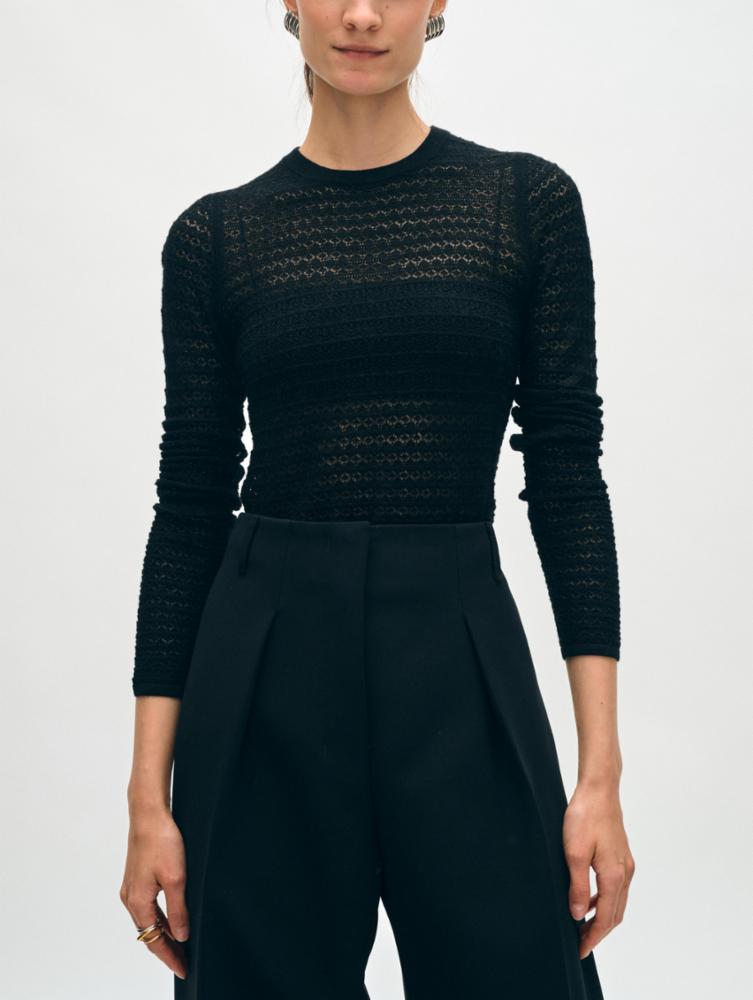 White + Warren - Superfine Merino Lace Stitch Top in Black