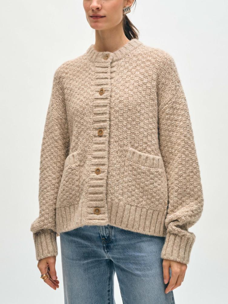 White + Warren - Plush Alpaca Blend Basket Stitch Cardigan in Oat Straw