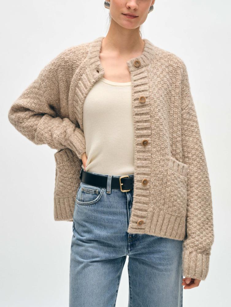 White + Warren - Plush Alpaca Blend Basket Stitch Cardigan in Oat Straw