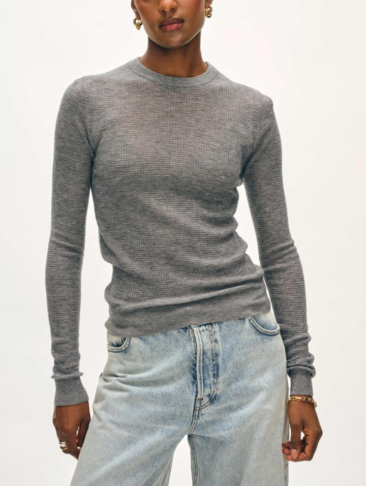 White + Warren - Superfine Cashmere Blend Waffle Crewneck in Greystone Heather