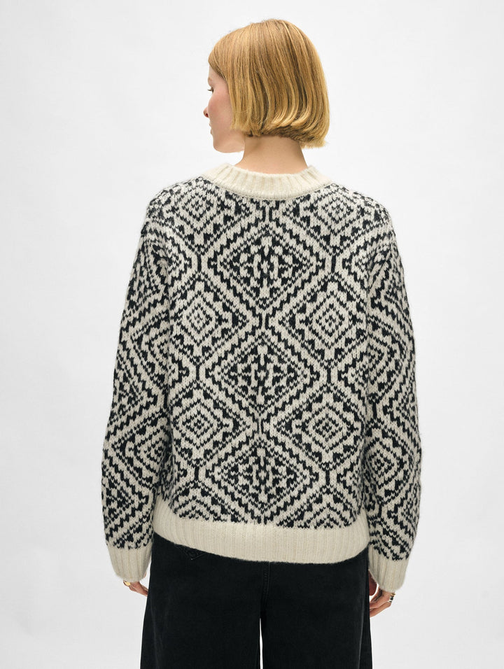 White + Warren - Plush Alpaca Blend Nordic Crewneck in Ivory/Black
