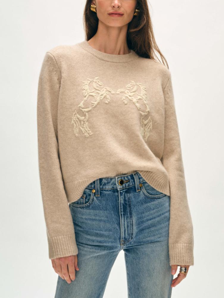White + Warren - Cashmere Blend Horse Embroidered Crew in Sand/Ivory