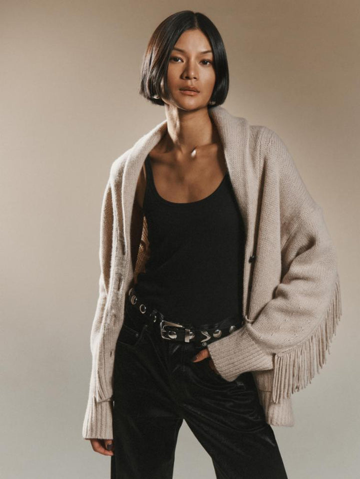 White + Warren - Cashmere Blend Luxe Fringe Coatigan in Sand Wisp Heather