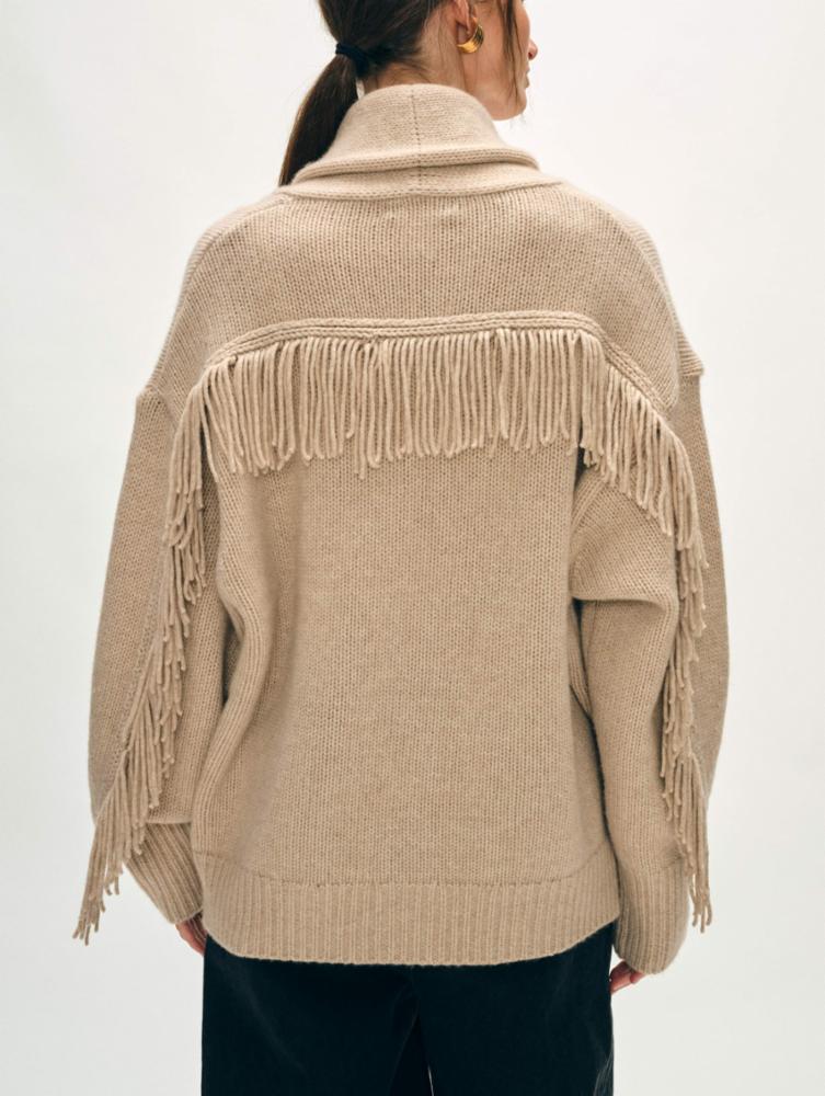 White + Warren - Cashmere Blend Luxe Fringe Coatigan in Sand Wisp Heather