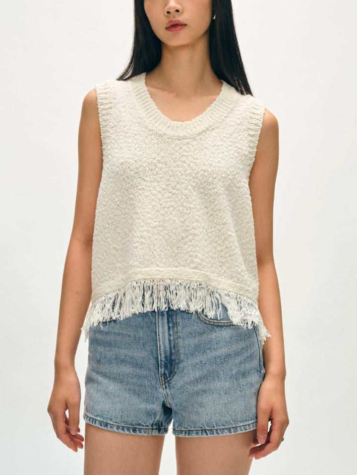 White + Warren - Cotton Slub Fringe Tank in Ivory