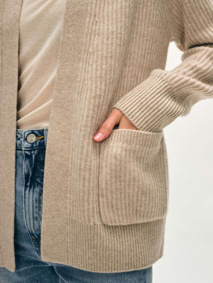 White + Warren - Cashmere Ribbed Open Cardigan in Sandwisp Heather