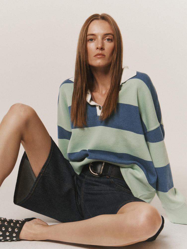 White + Warren - Fine Cotton Blend Rugby Polo in Cool Sage/Indigo