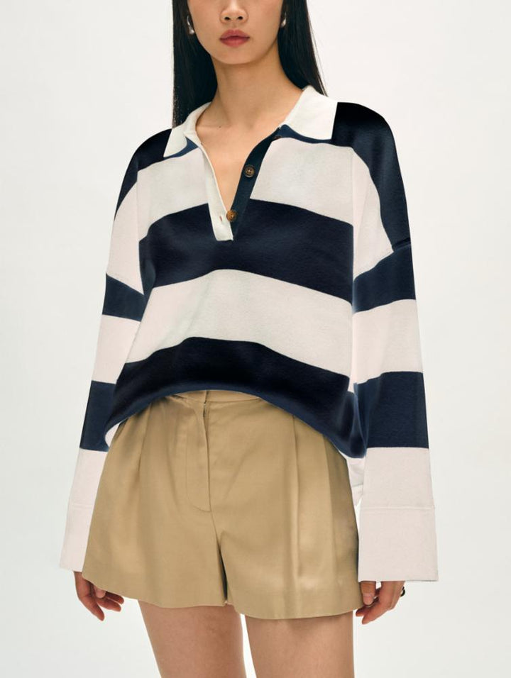 White + Warren - Fine Cotton Blend Rugby Polo in Deep Wave/White