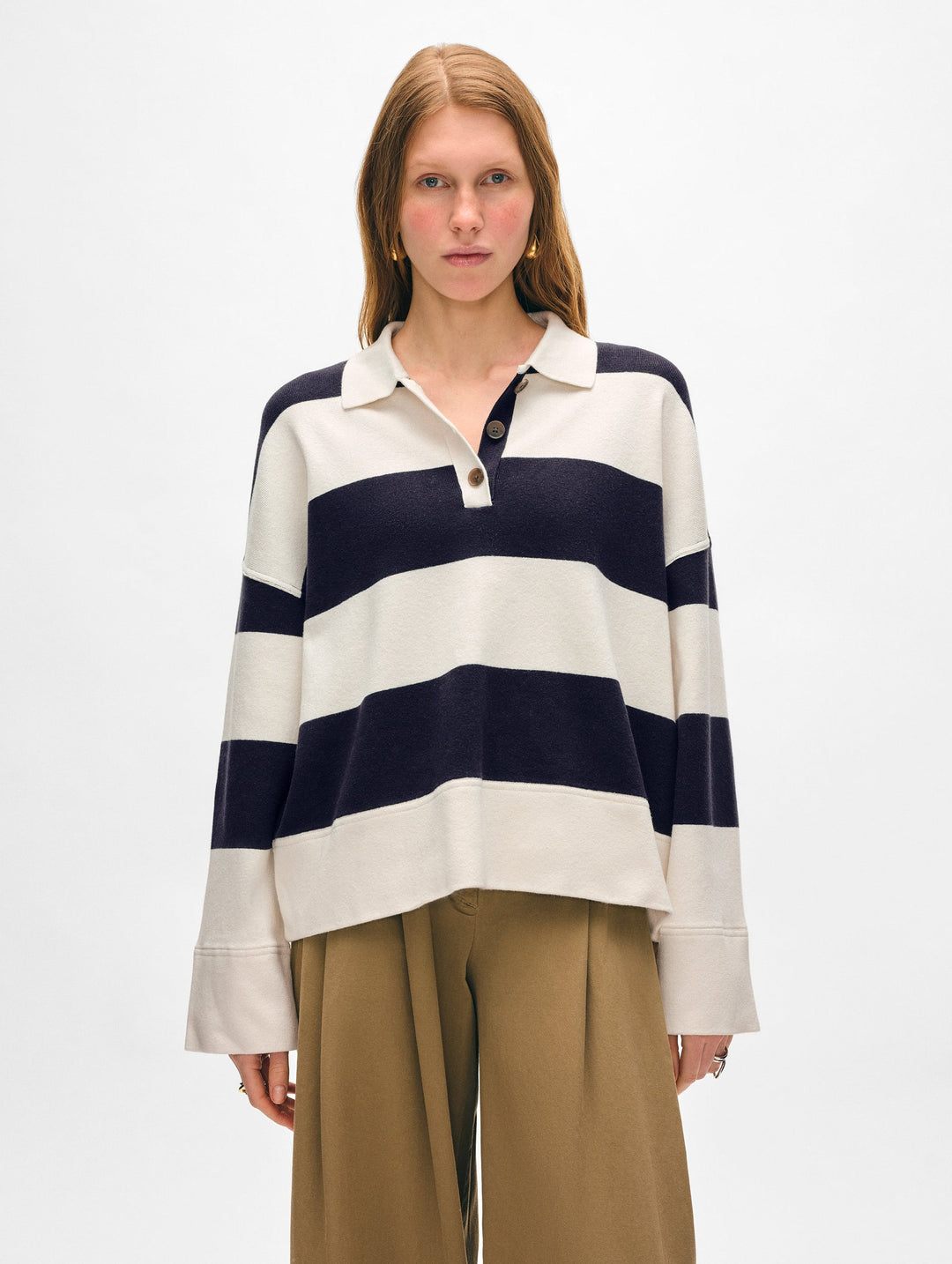 White + Warren - Fine Cotton Blend Rugby Polo in Deep Wave/White