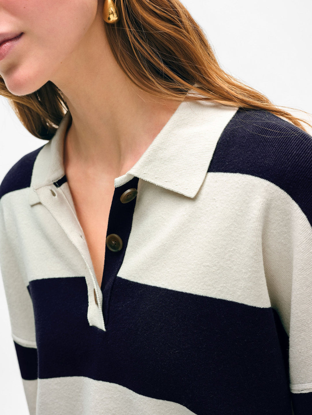 White + Warren - Fine Cotton Blend Rugby Polo in Deep Wave/White