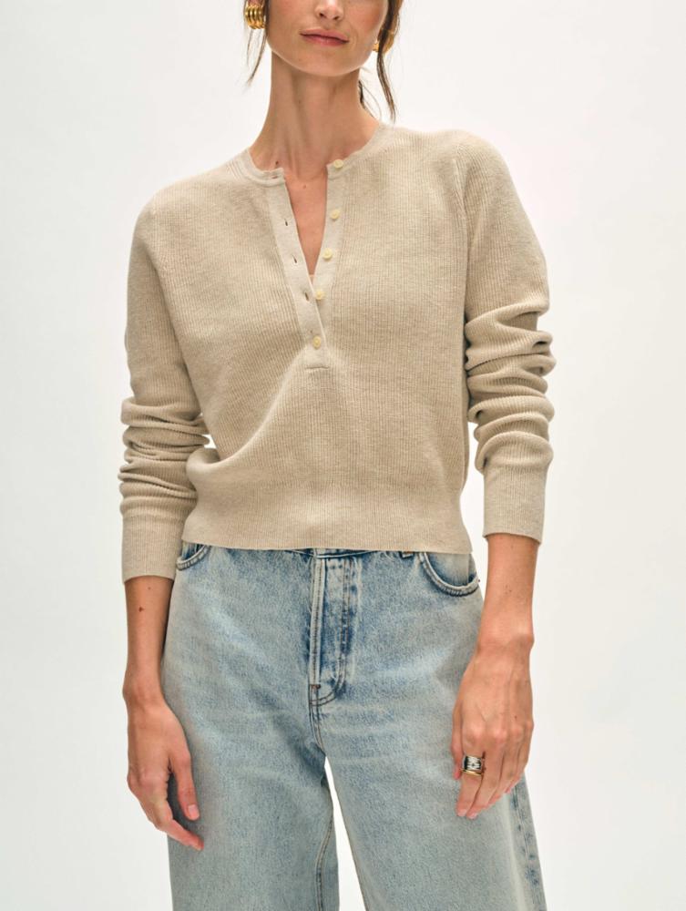 White + Warren - Fine Cotton Blend Ribbed Henley in Flax