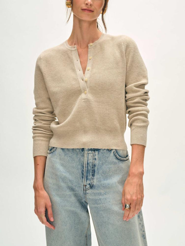 White + Warren - Fine Cotton Blend Ribbed Henley in Flax
