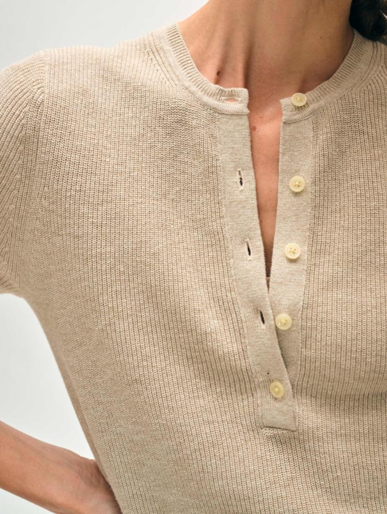 White + Warren - Fine Cotton Blend Ribbed Henley in Flax
