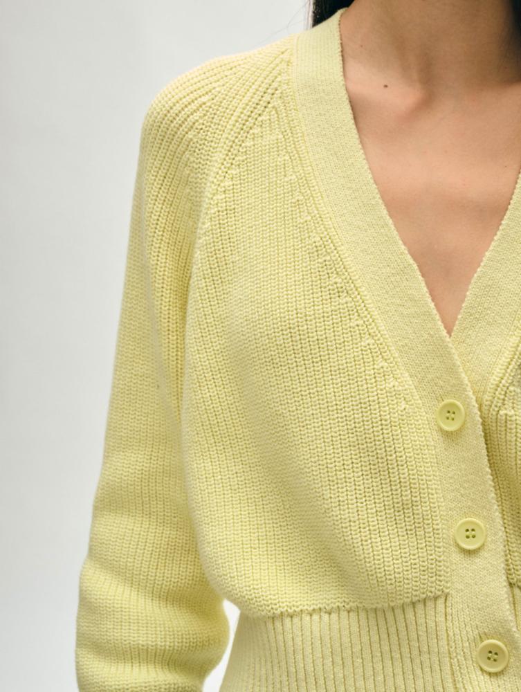 WHITE & WARREN - Organic Cotton Blend Ribbed Cardigan in Lemon Sorbet Cardigans