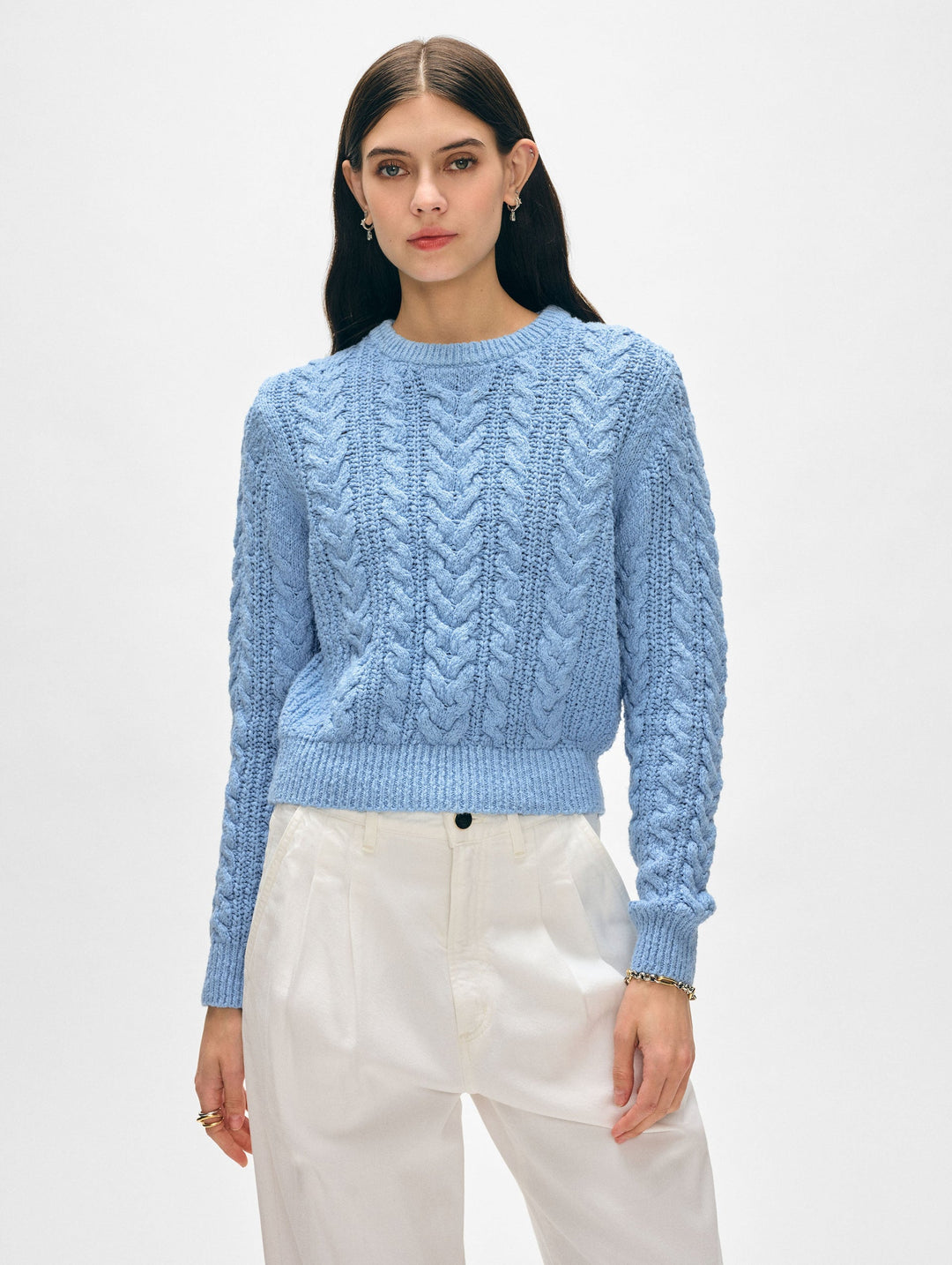 White + Warren - Cotton Slub Cable Crew in Soft Blue
