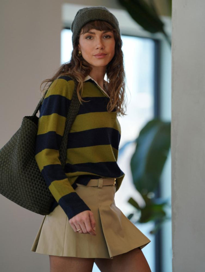 White + Warren - Cashmere Rugby Stripe Polo in Deep Navy Bright Olive