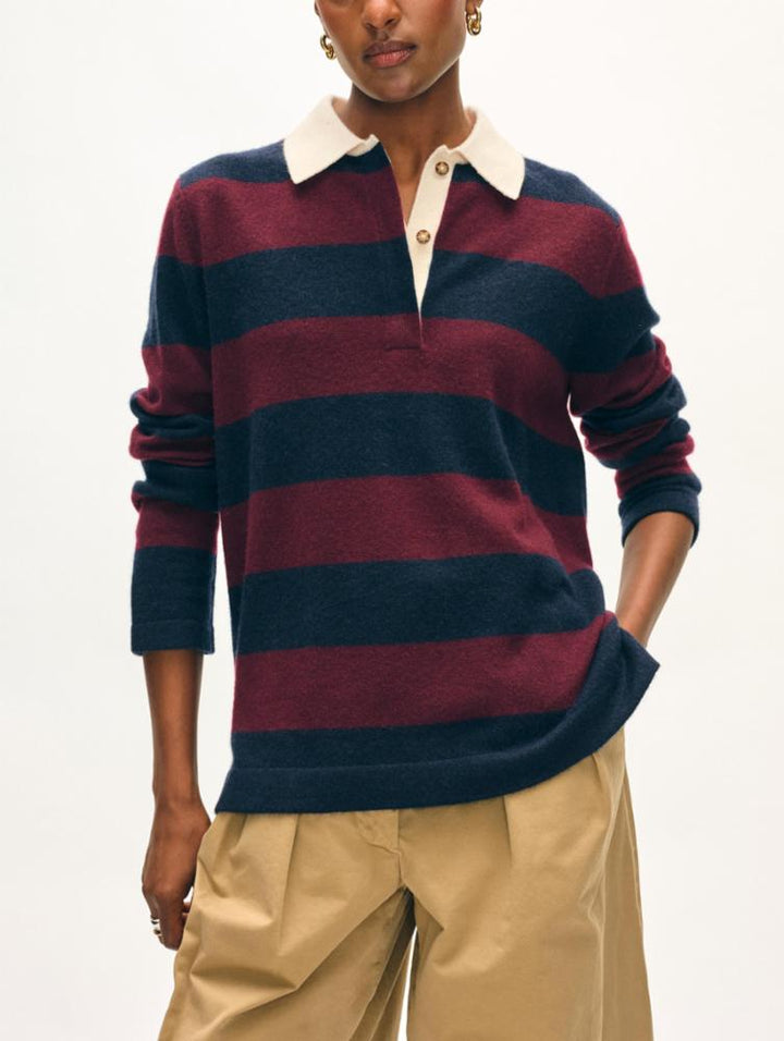 White + Warren - Cashmere Rugby Stripe Polo Deep Navy Sangria