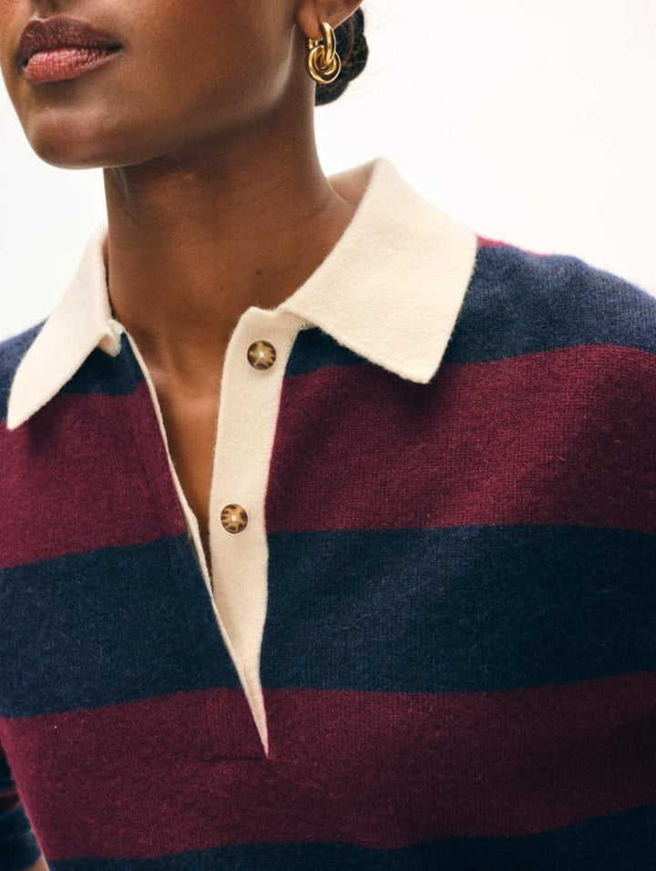 White + Warren - Cashmere Rugby Stripe Polo Deep Navy Sangria