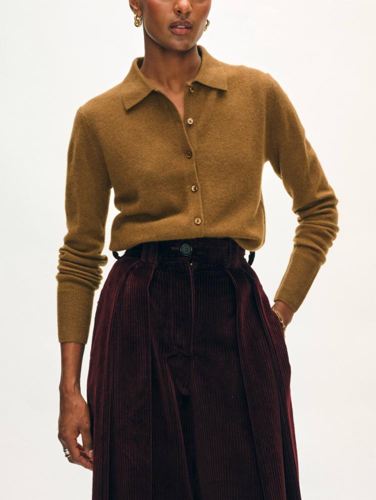 White + Warren - Cashmere Collared Cardigan in Golden Brown
