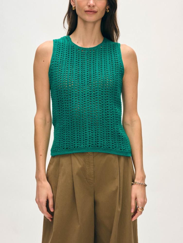 WHITE & WARREN - Lofty Cotton Crochet Sleeveless Tank in Teal Green