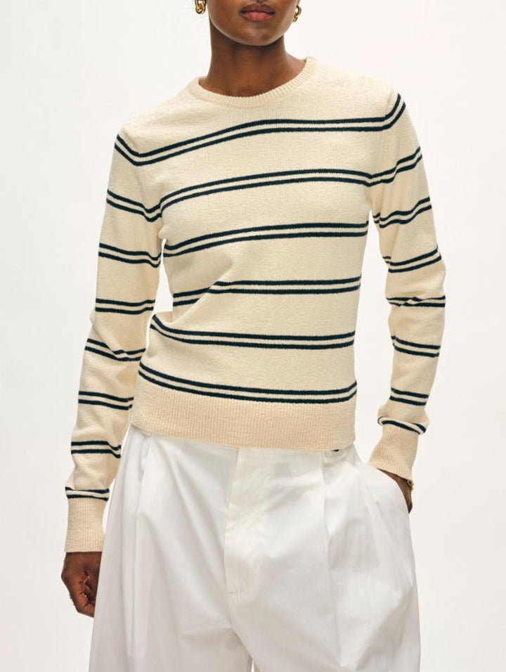 White + Warren - Fine Cotton Boucle Striped Crewneck in Ivory Deep Navy