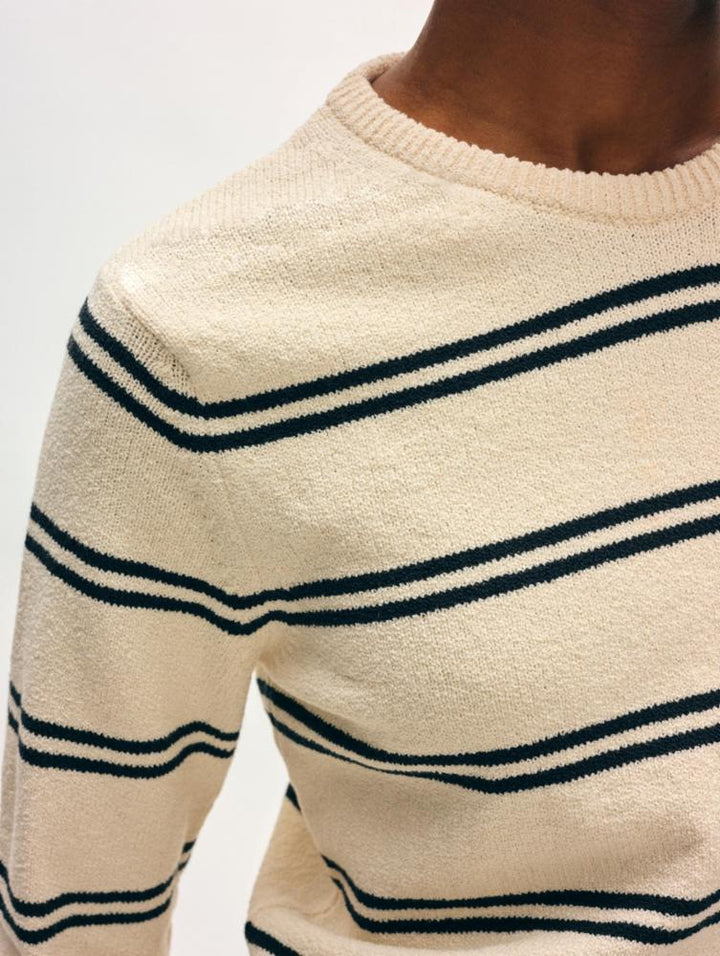 White + Warren - Fine Cotton Boucle Striped Crewneck in Ivory Deep Navy