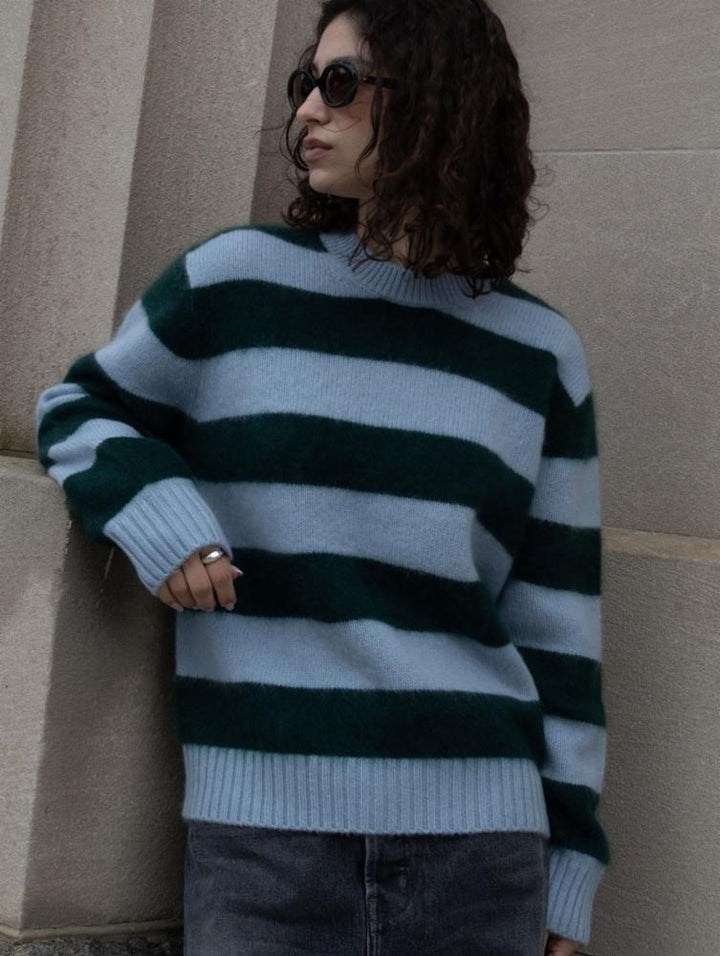 White + Warren - Brushed Cashmere Striped Crew in Blue Tealwood