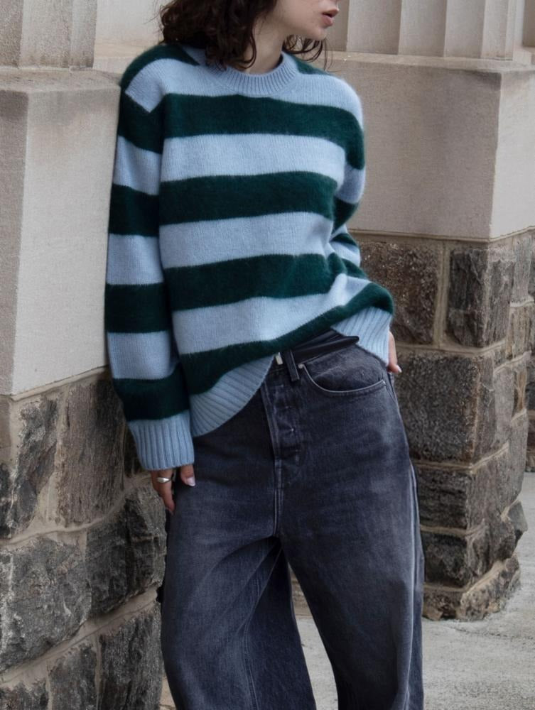 White + Warren - Brushed Cashmere Striped Crew in Blue Tealwood