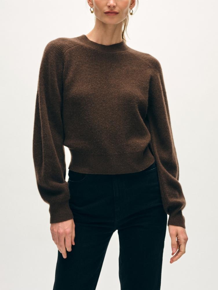 White + Warren - Cashmere Ribbed Blouson Sleeve Crewneck in Maple Brown