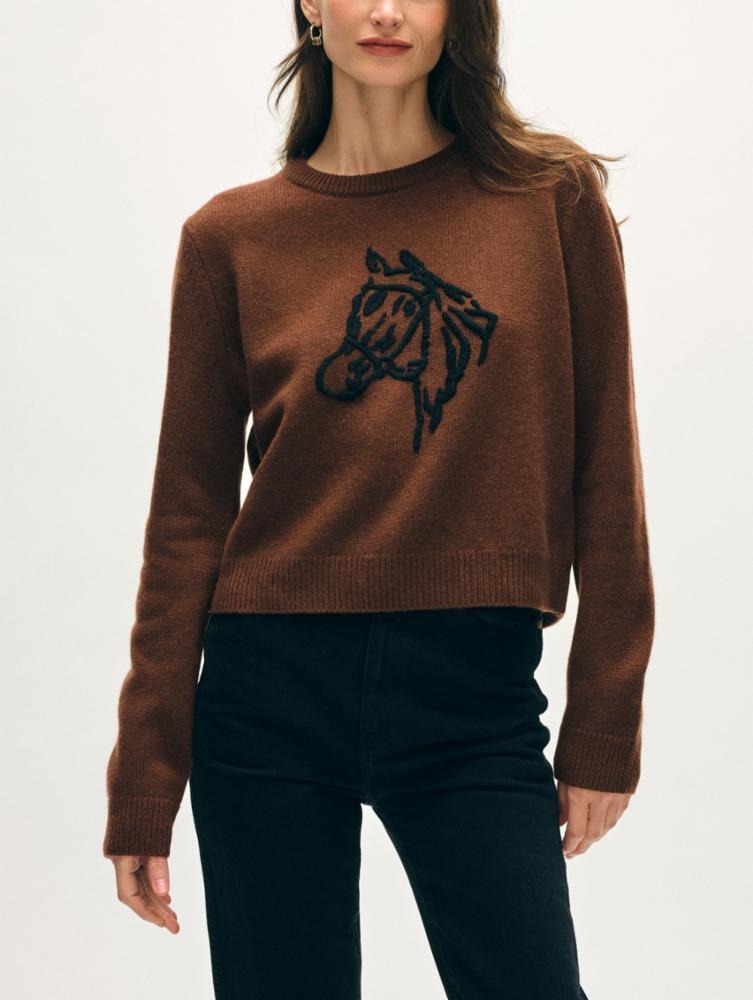 White + Warren - Cashmere Blend Horse Embroidered Crew in Coco
