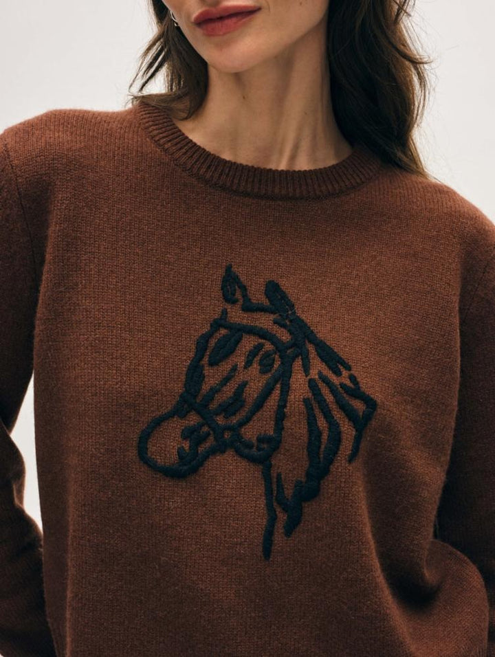 White + Warren - Cashmere Blend Horse Embroidered Crew in Coco